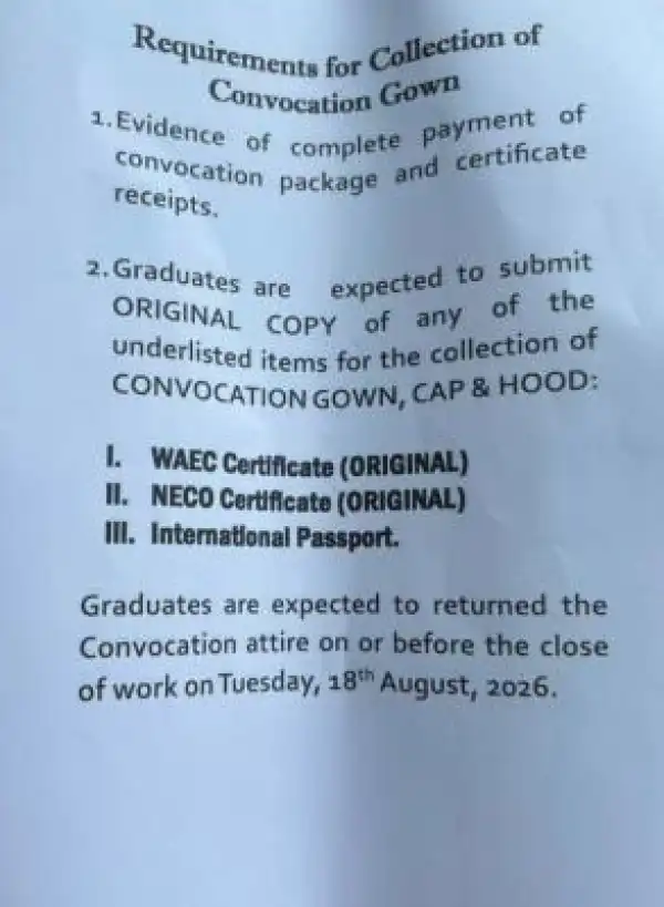 LASU notice on requirements for collection of 29th & 30th convocation gowns