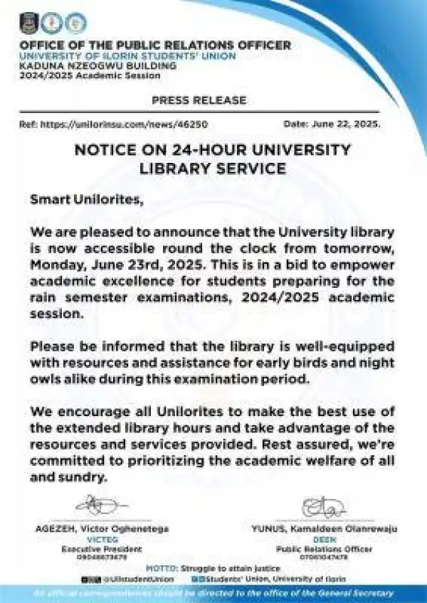 UNILORIN SUG notice on 24-hour university library service