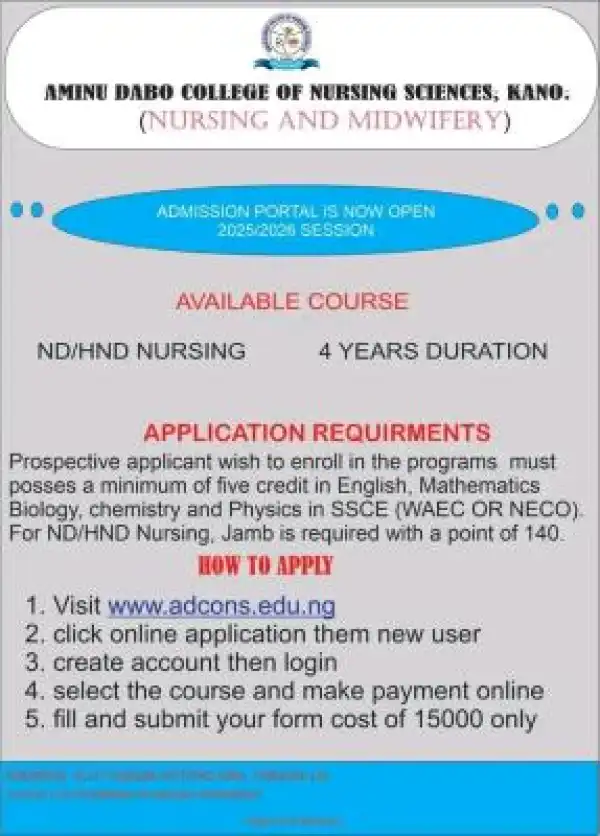 Aminu Dabo College of Nursing Sciences ND/HND Admission form, 2025/2026