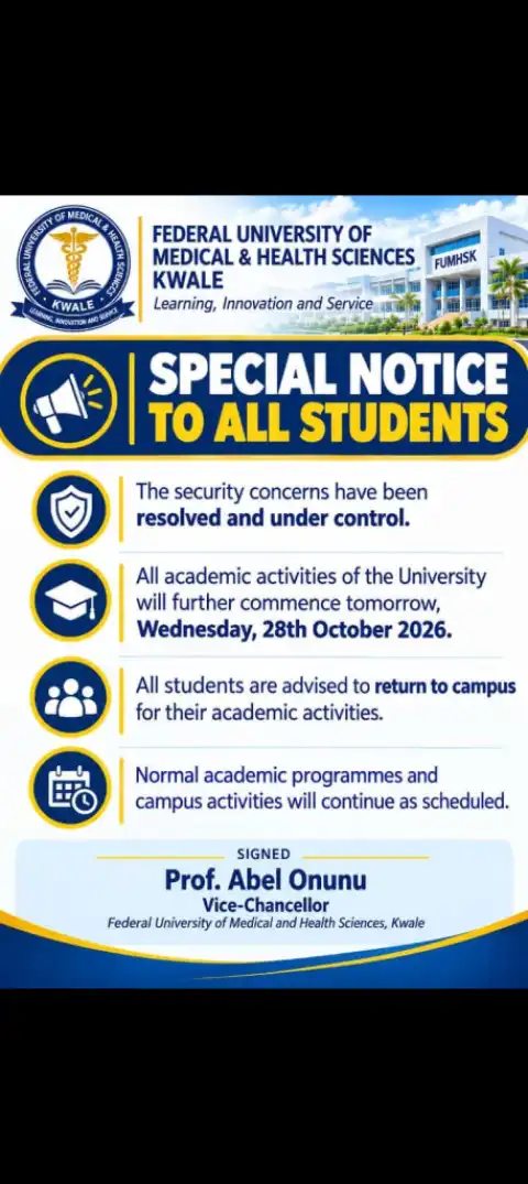 FUMHSK notice on resumption of academic activities after security concern within the campus