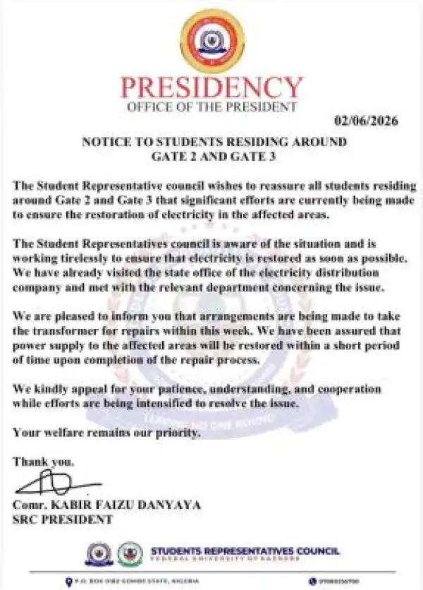 FUKASHERE SRC notice to students residing around Gate 2 & 3