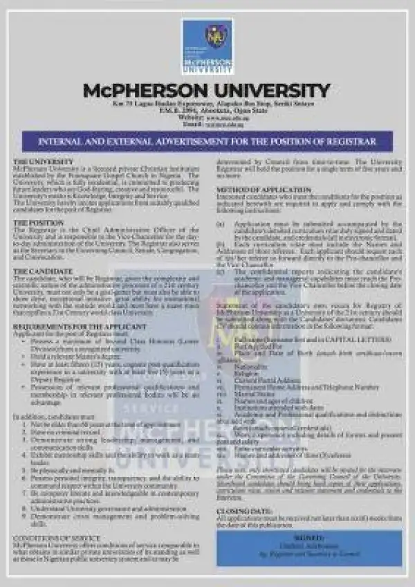 McPherson University announces vacancy for the position of a Registrar