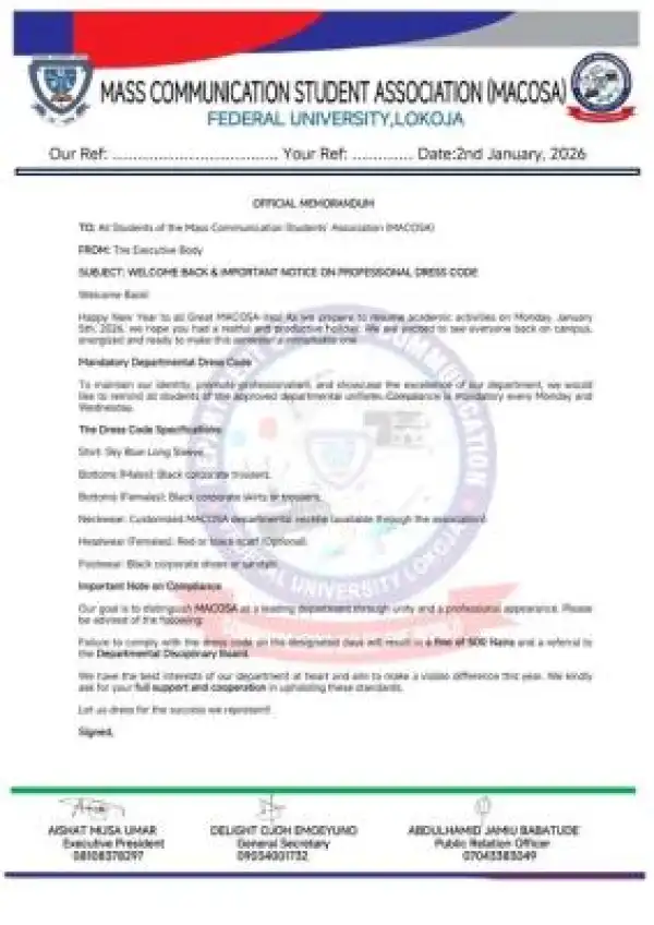 FULOKOJA Dept. of Mass Comm notice to students