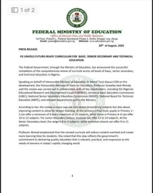 FG reviews curricula of Basic, Senior Secondary And Technical Education