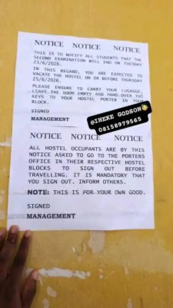 MOUAU notice to Students on Vacation of Hostel