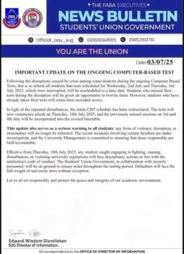 AAU SUG issues important notice to students regarding ongoing CBT tests