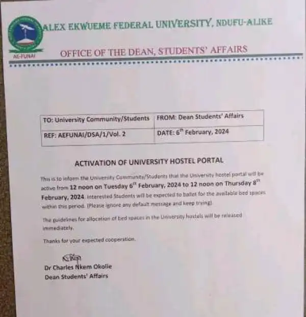 FUNAI notice on activation of university hostel application portal