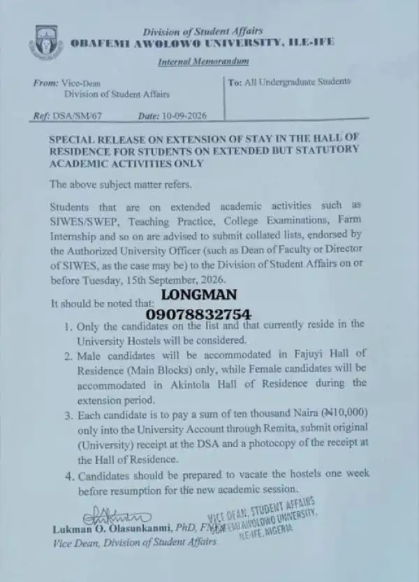 OAU notice on extension of stay in the hall of residence for statutory academic activities only