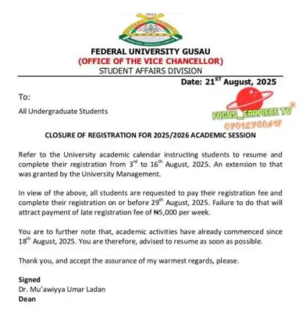 FUGUS notice on closure of registration