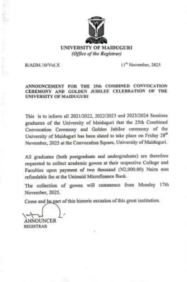 UNIMAID announces 25th combine convocation and Golden jubilee celebration