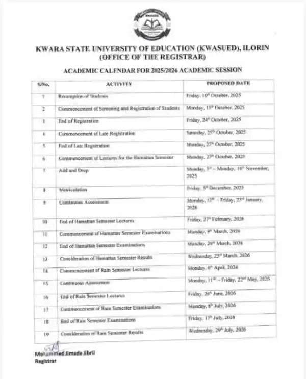 KWASUED releases approved academic calendar, 2025/2026