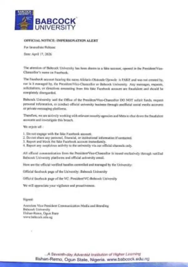 Babcock University Issues Impersonation Alert