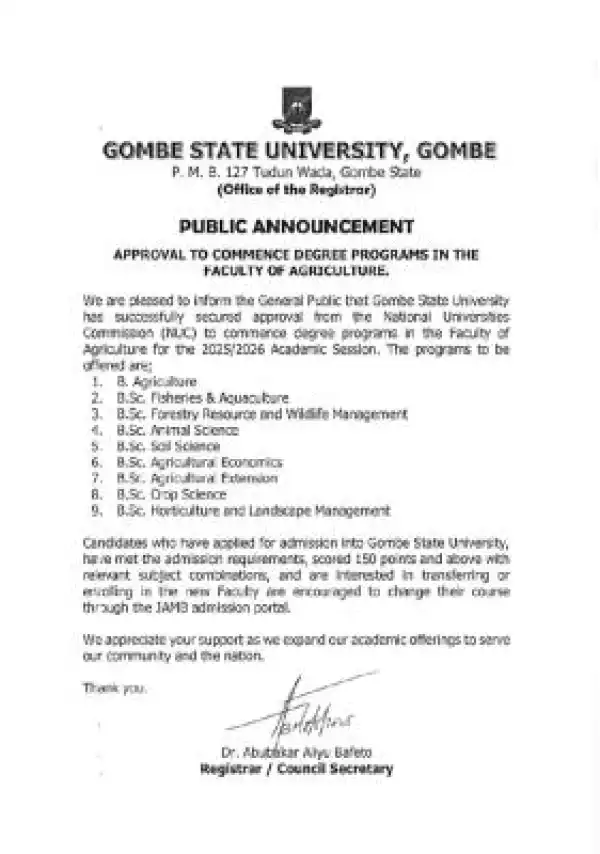 GOMSU gets NUC approval for 9 programmes in the Faculty of Agriculture