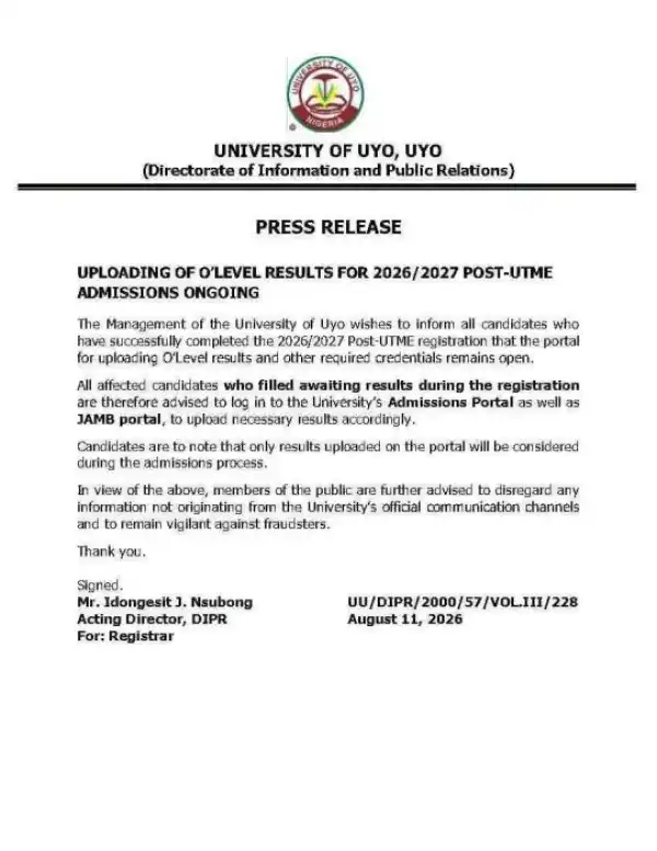 UNIUYO notice to Post-UTME candidates on O