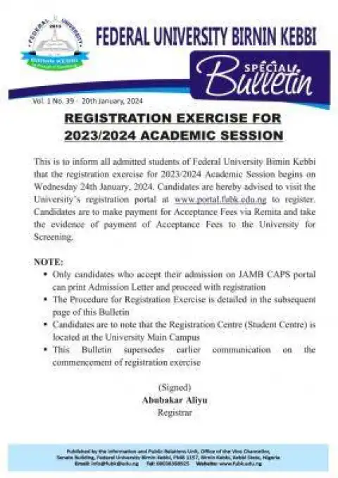 FUBK Commencement of Registration Exercise for 2023/2024 Academic Session