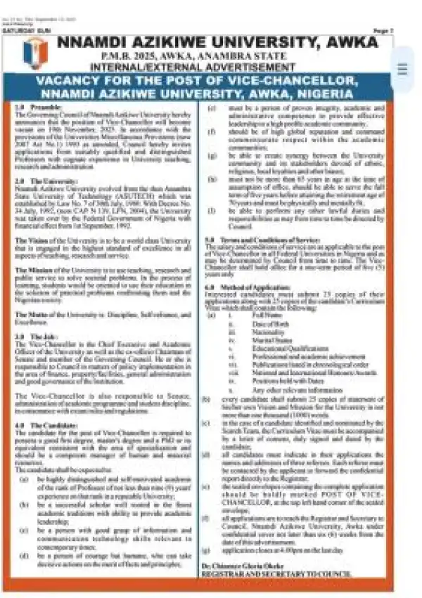 UNIZIK vacancy for the Post of Vice Chancellor