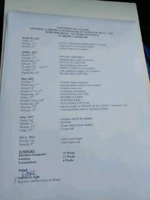 UNICAL amended academic calendar, 2021/2022 & 2022/2023