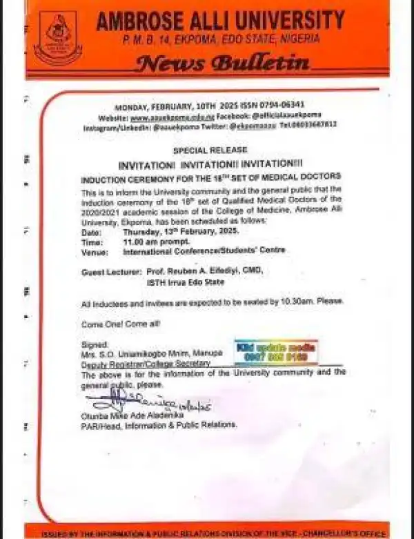 AAU announces induction ceremony for the 18th set of Medical Doctors