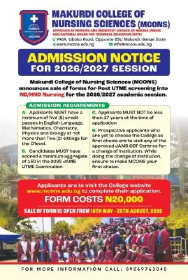 Makurdi College of Nursing Sciences ND/HND Nursing Admission, 2026/2027,