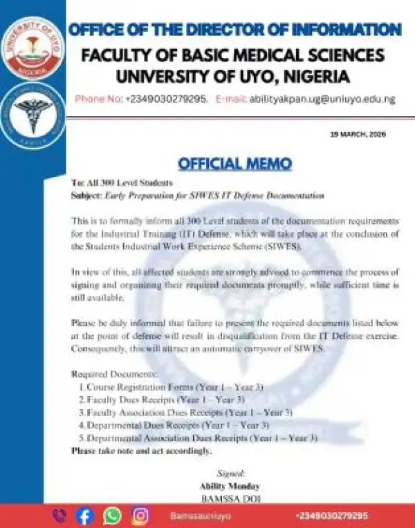 UNIUYO Faculty of Basic Medical Sciences notice to 300 level students