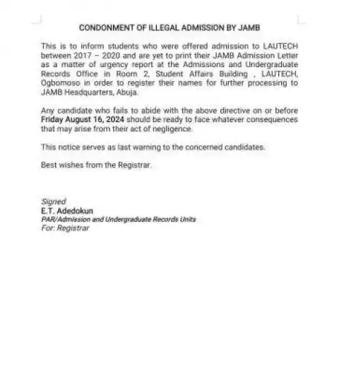LAUTECH notice to students offered admission 2017- 2020 but yet to get admission letters