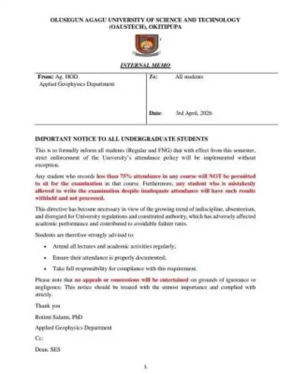 OAUSTECH notice to students on lecture attendance
