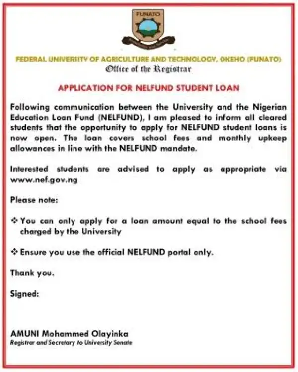 FUNATO notice to Pioneer students on Student Loan Application