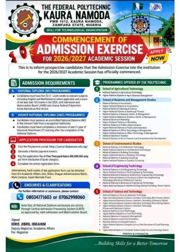 Federal Polytechnic, Kaura Namoda ND/HND Admission form, 2026/2027