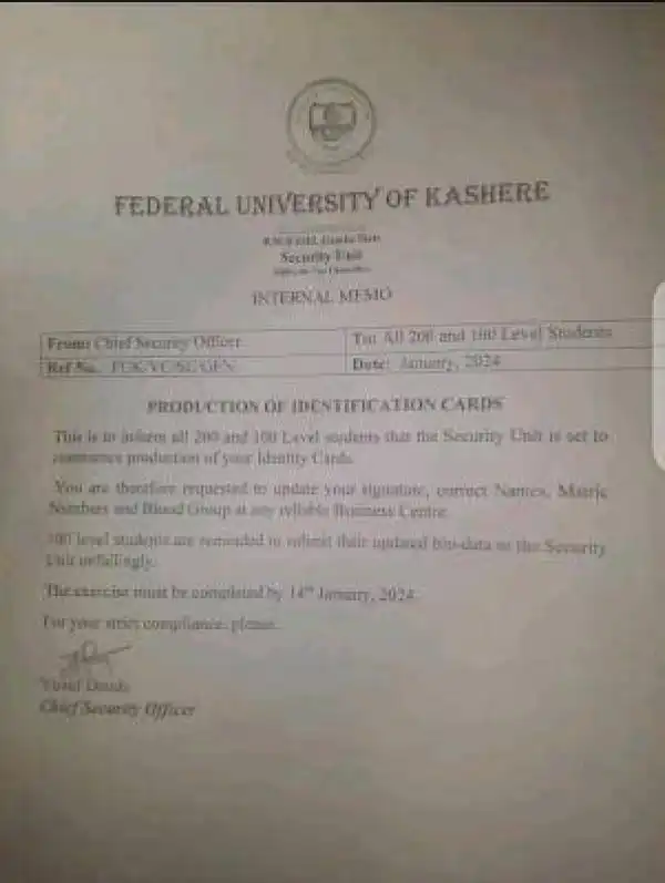 FUKashere notice to students on production of ID cards