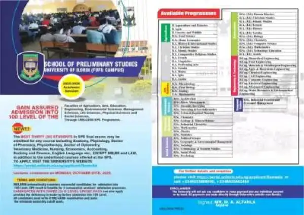 UNILORIN School of Preliminary and Remedial Studies admission, 2025/2026