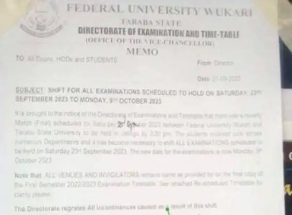 FUWUKARI notice on postponement of examinations scheduled to hold Sat 23rd