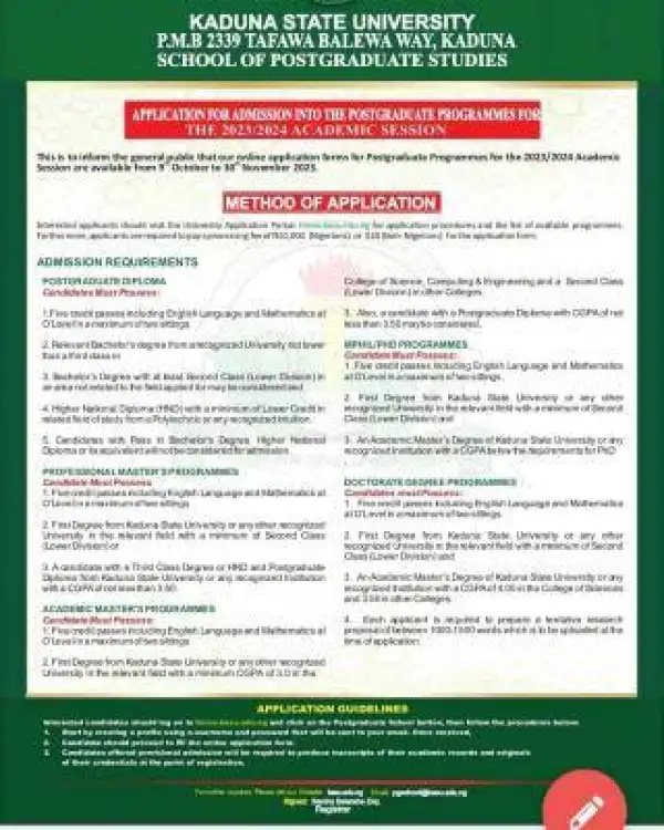 KASU postgraduate admission form, 2023/2024