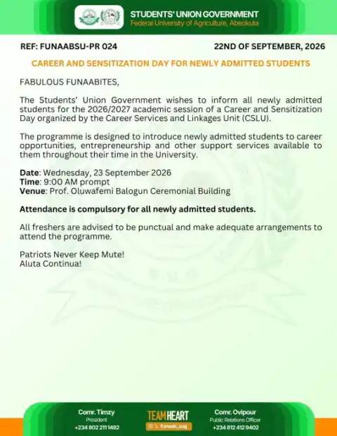 FUNAABSU announces compulsory career and sensitization day for freehers