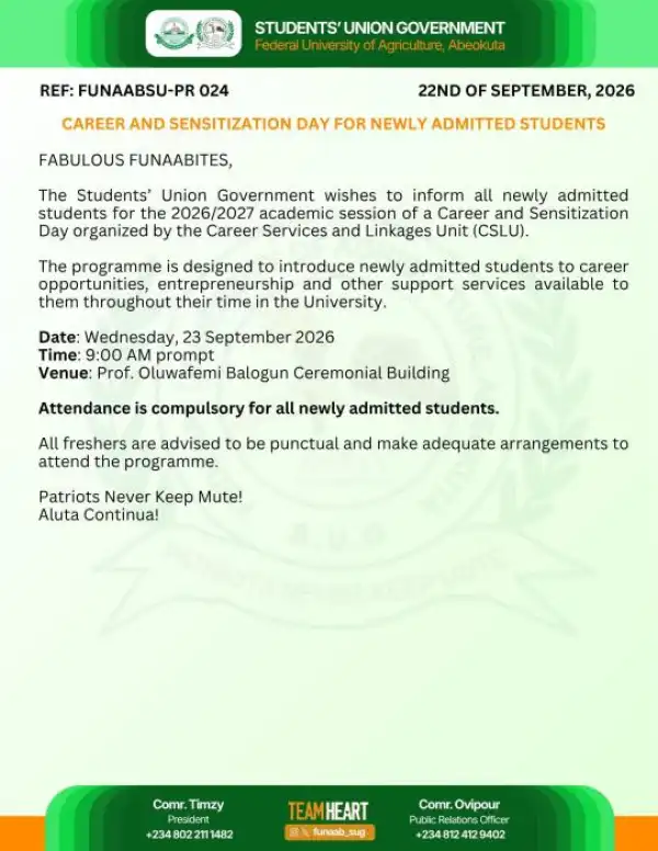 FUNAABSU announces compulsory career and sensitization day for freehers