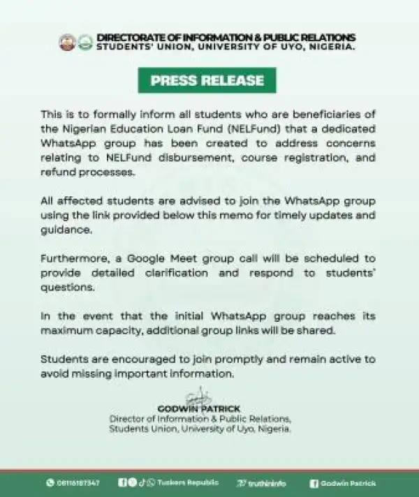 UNIUYO Students Union Announces Dedicated Channels for NELFund Beneficiaries