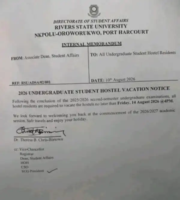 RSUST directs students to vacate hostels following conclusion of 2nd semester, 2025/2026
