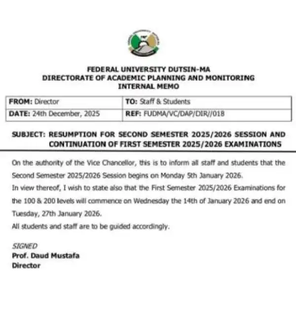 FUDMA announces resumption for 2nd semester, Continuation of 1st Semester Examinations