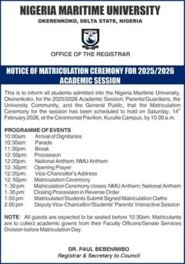 Nigeria Maritime University announces 2025/2026 Matriculation Ceremony