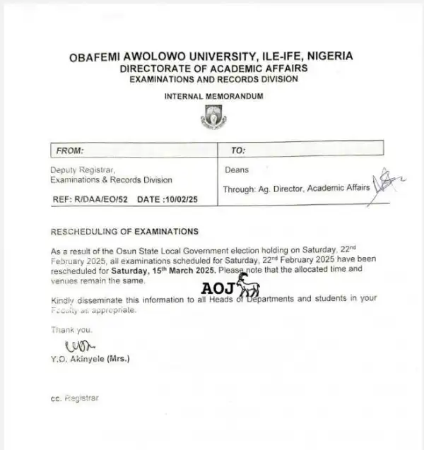 OAU reschedules all exams earlier scheduled to hold Feb 22