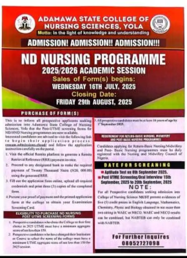 Adamawa State College of Nursing Sciences releases ND Nursing admission form, 2025/2026