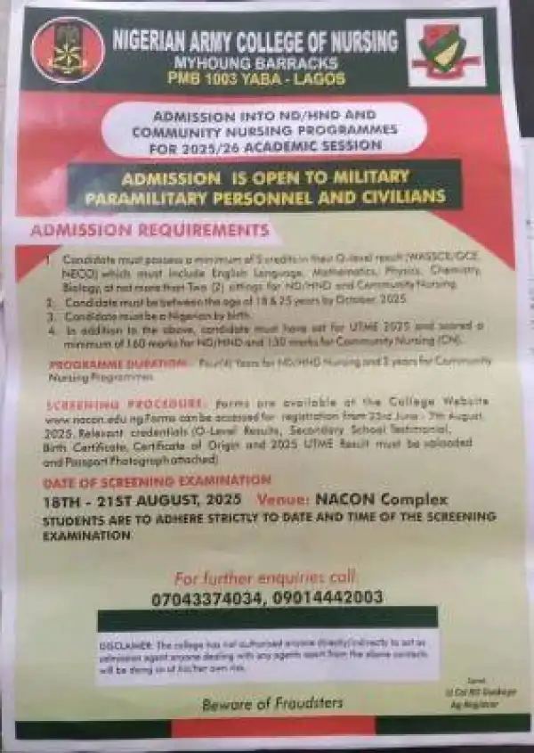 Nigerian Army College of Nursing Sciences, Yaba ND/HND Admission form, 2025/2056