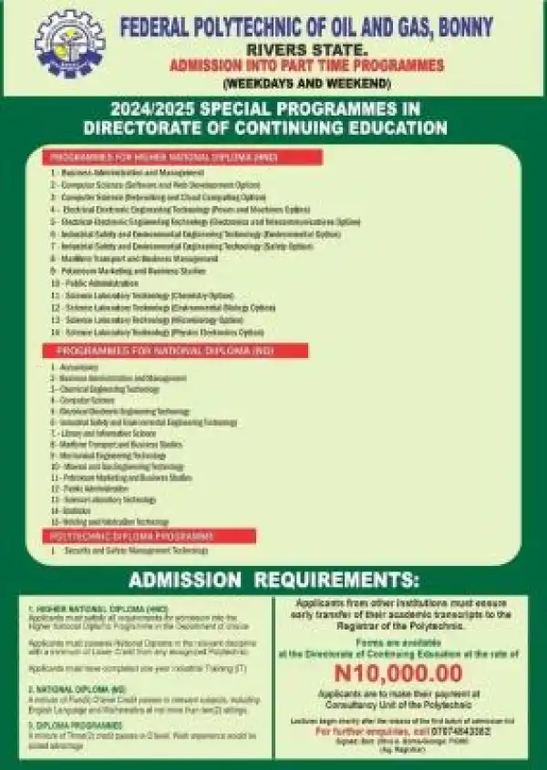 Federal Polytechnic of Oil & Gas, Bonny admission into special Programmes, 2025/2026