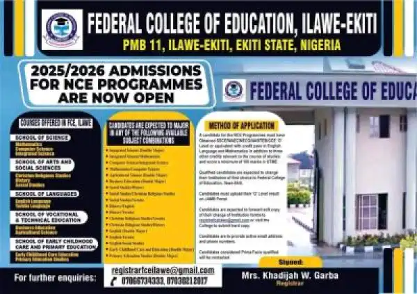 Fed College of Education, Ilawe-Ekiti releases NCE admission form, 2025/2026 session