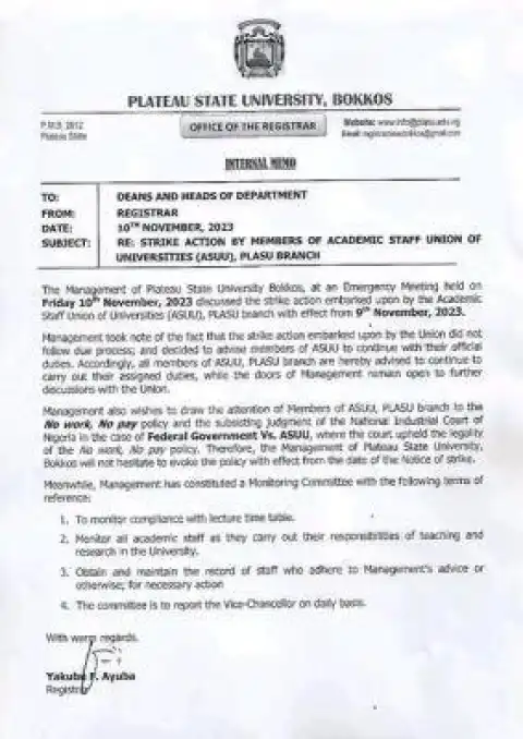 PLASU management responds to the strike action by ASUU