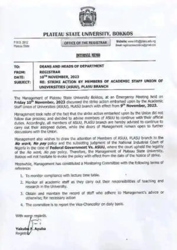 PLASU management responds to the strike action by ASUU