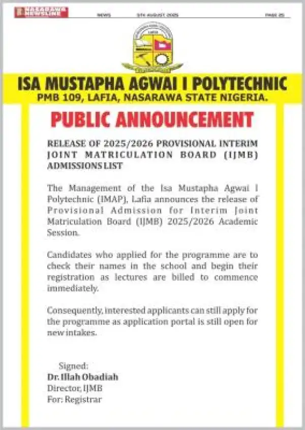 Isa Musa Agwai Poly releases IJMB Admission list, 2025/2026