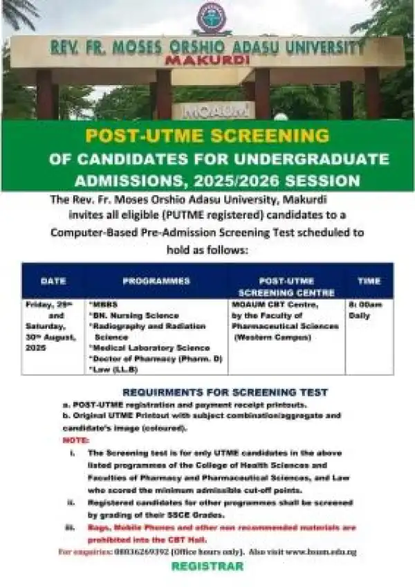 BSU Post-UTME screening schedule for medical science courses, 2025/2026
