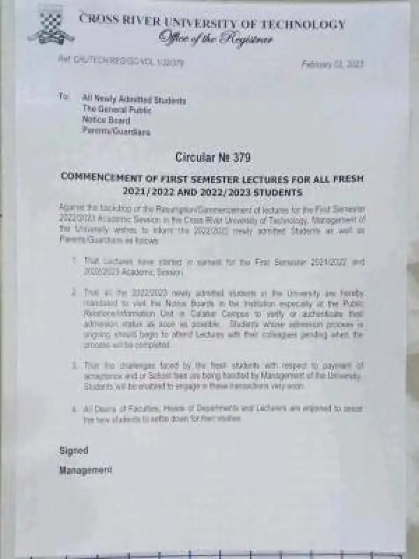 CRUTECH commencement of 1st semester lectures for fresh students, 2021/2022 & 2022/2023