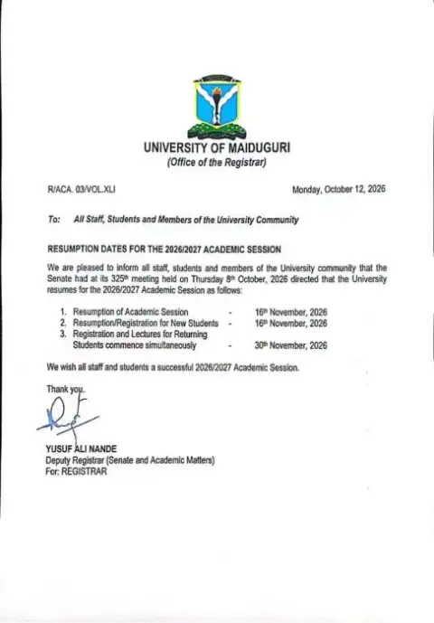 University of Maiduguri Announces Resumption Dates for 2026/2027 Academic Session