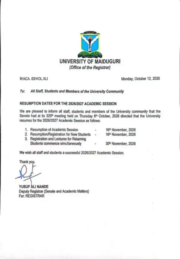 University of Maiduguri Announces Resumption Dates for 2026/2027 Academic Session